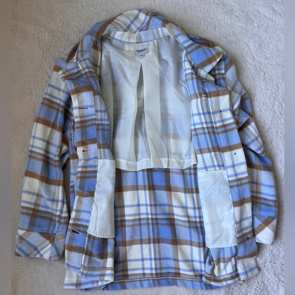 Kensie Jeans Plaid Shacket in Blue and Brown Women Size Medium